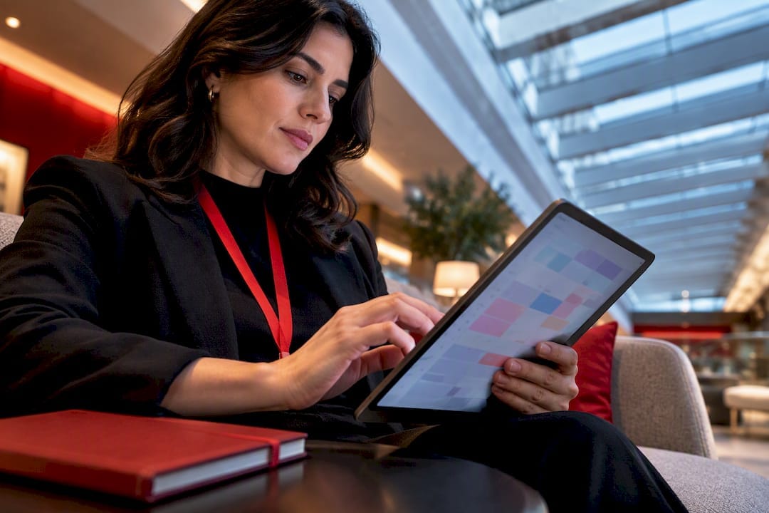 Professional reviewing conference schedule on tablet