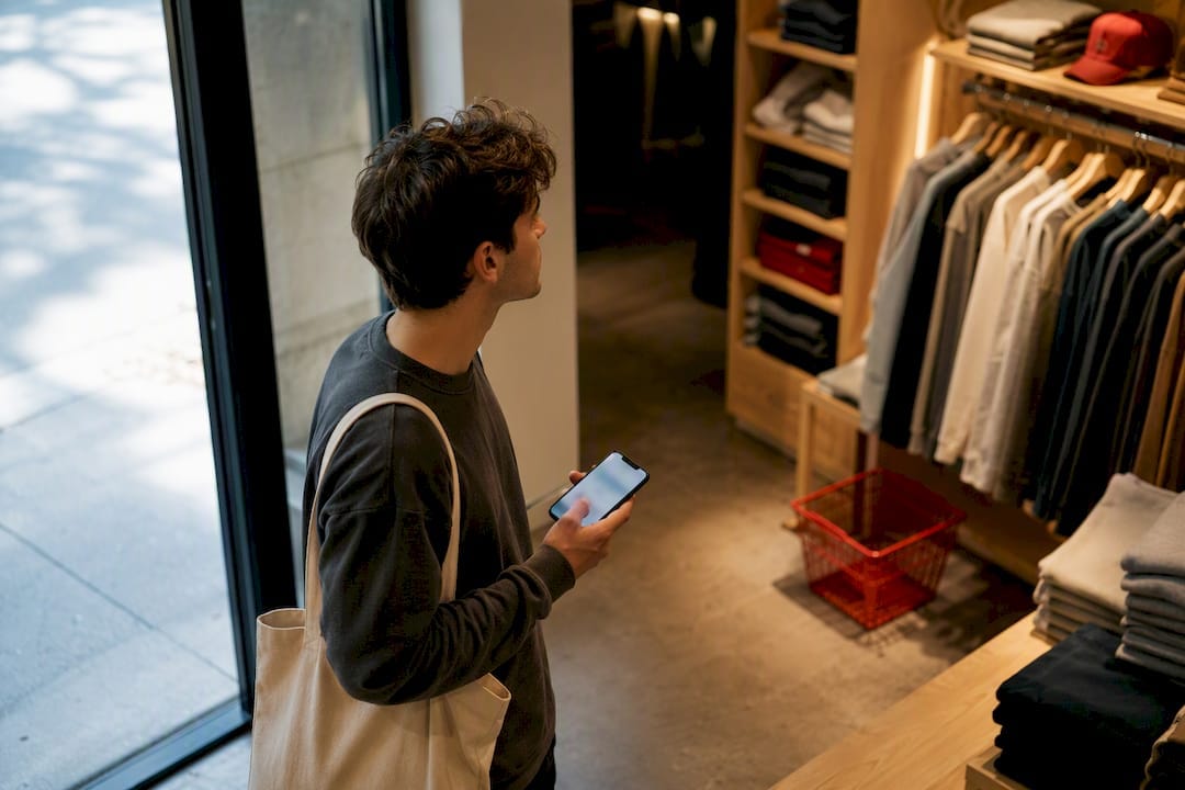 Student moving between phone and campus store