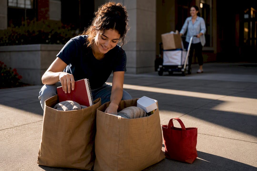 Student sorting supplies during campus move-in
